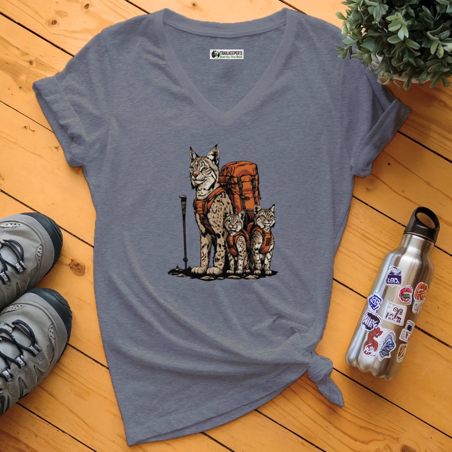Bobcat Backpacker Family V-Neck T-Shirt