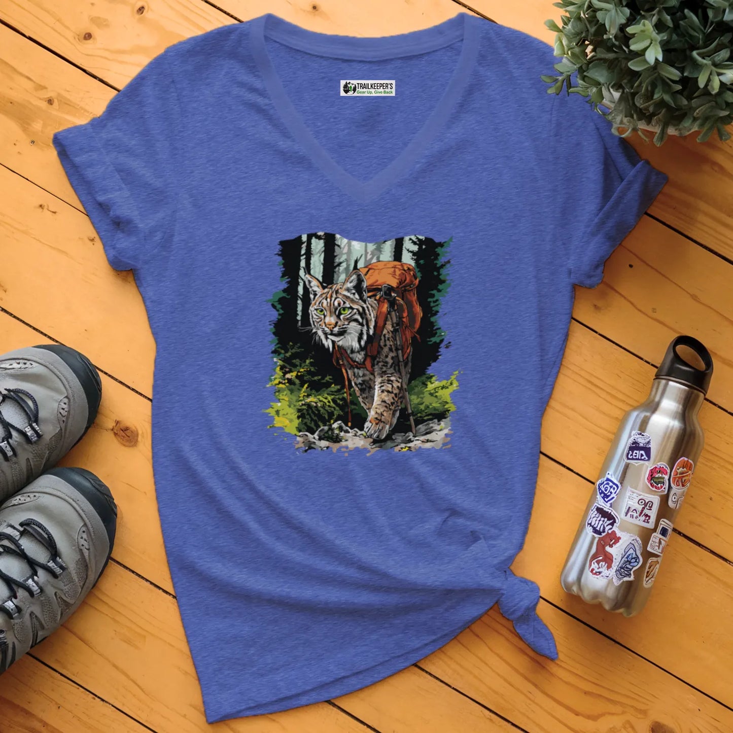 Bobcat Backpacker In The Woods V-Neck T-Shirt