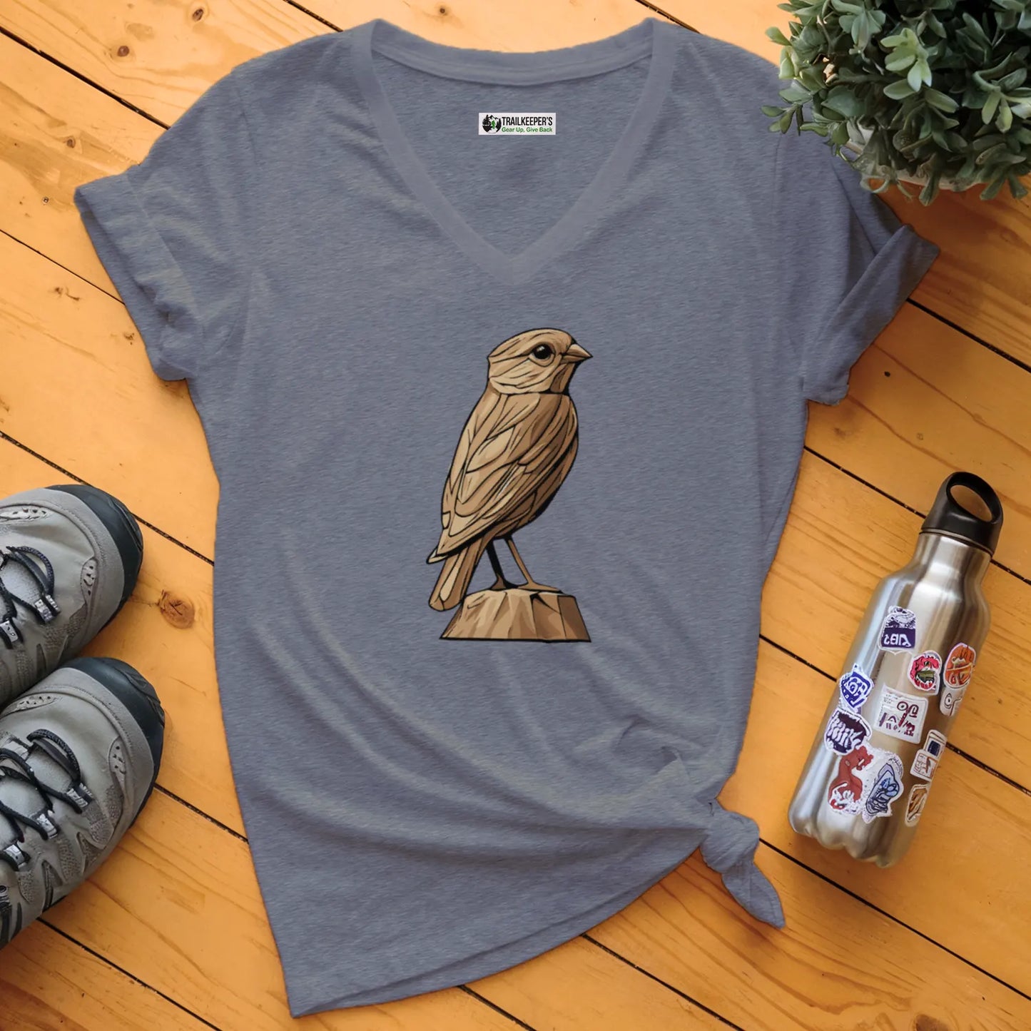 Carved Finch Statue V-Neck T-Shirt