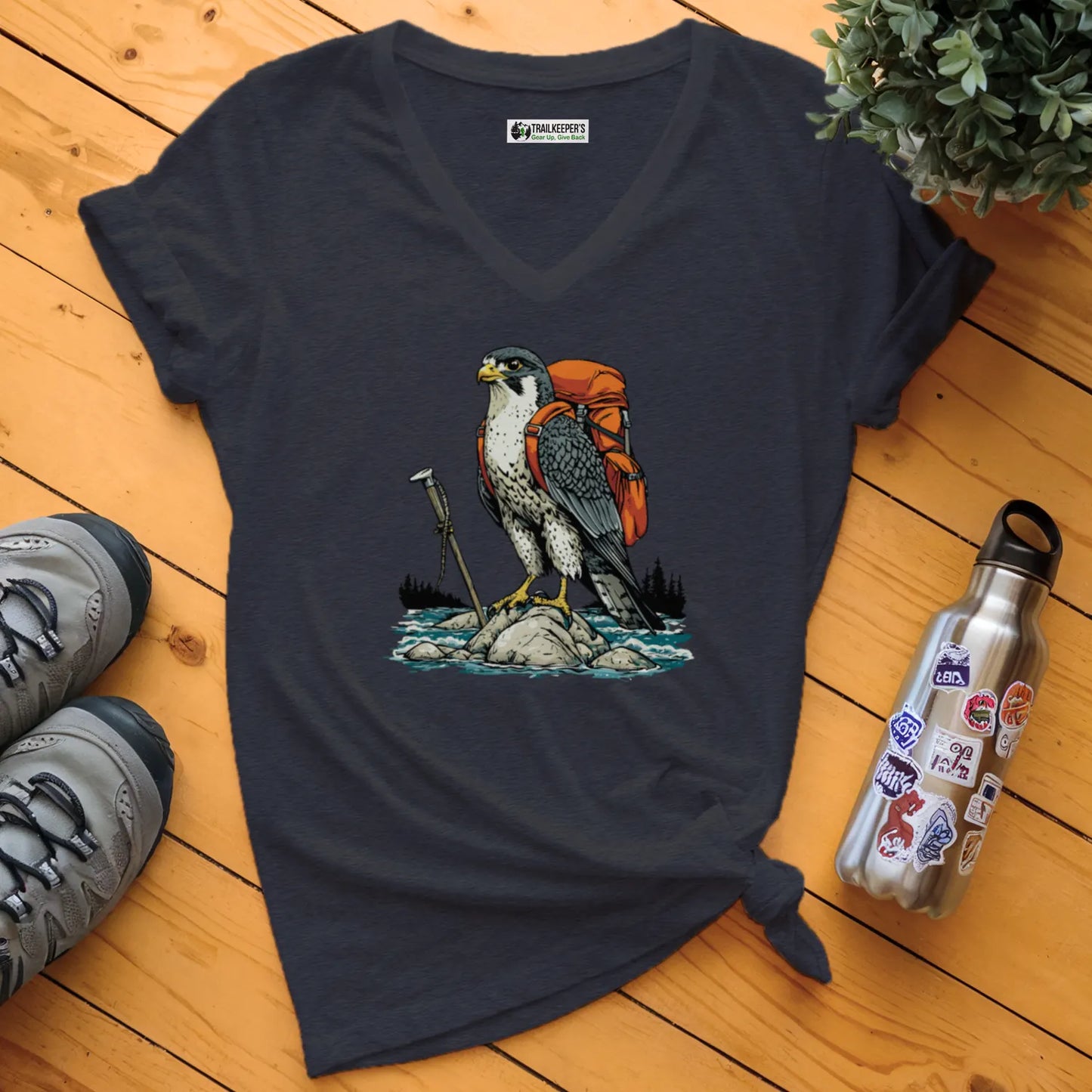Falcon Backpacker On River V-Neck T-Shirt