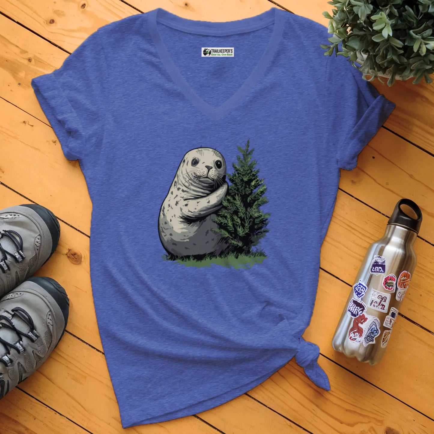 Harbor Seal Tree Hugger V-Neck T-Shirt