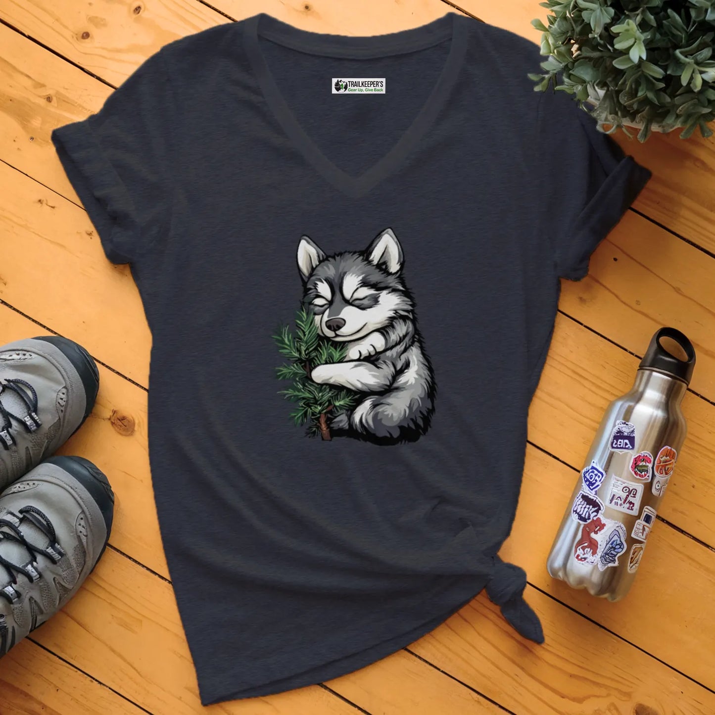 Husky Puppy Tree Hugger V-Neck T-Shirt