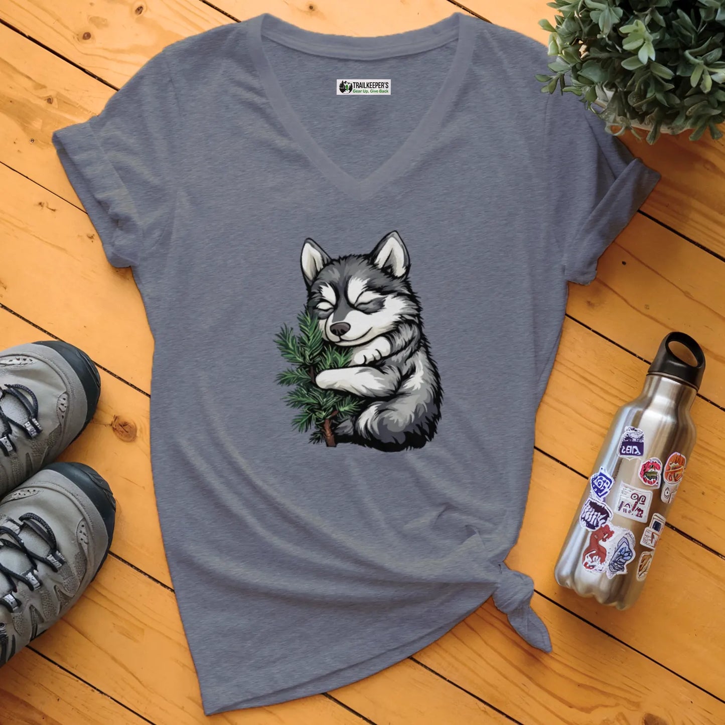 Husky Puppy Tree Hugger V-Neck T-Shirt