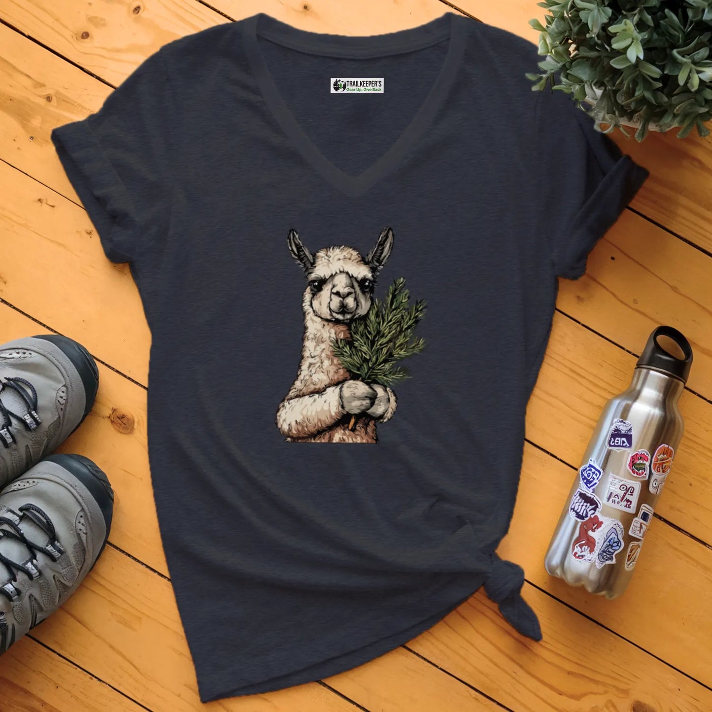Llama Tree Hugger V-Neck T-Shirt