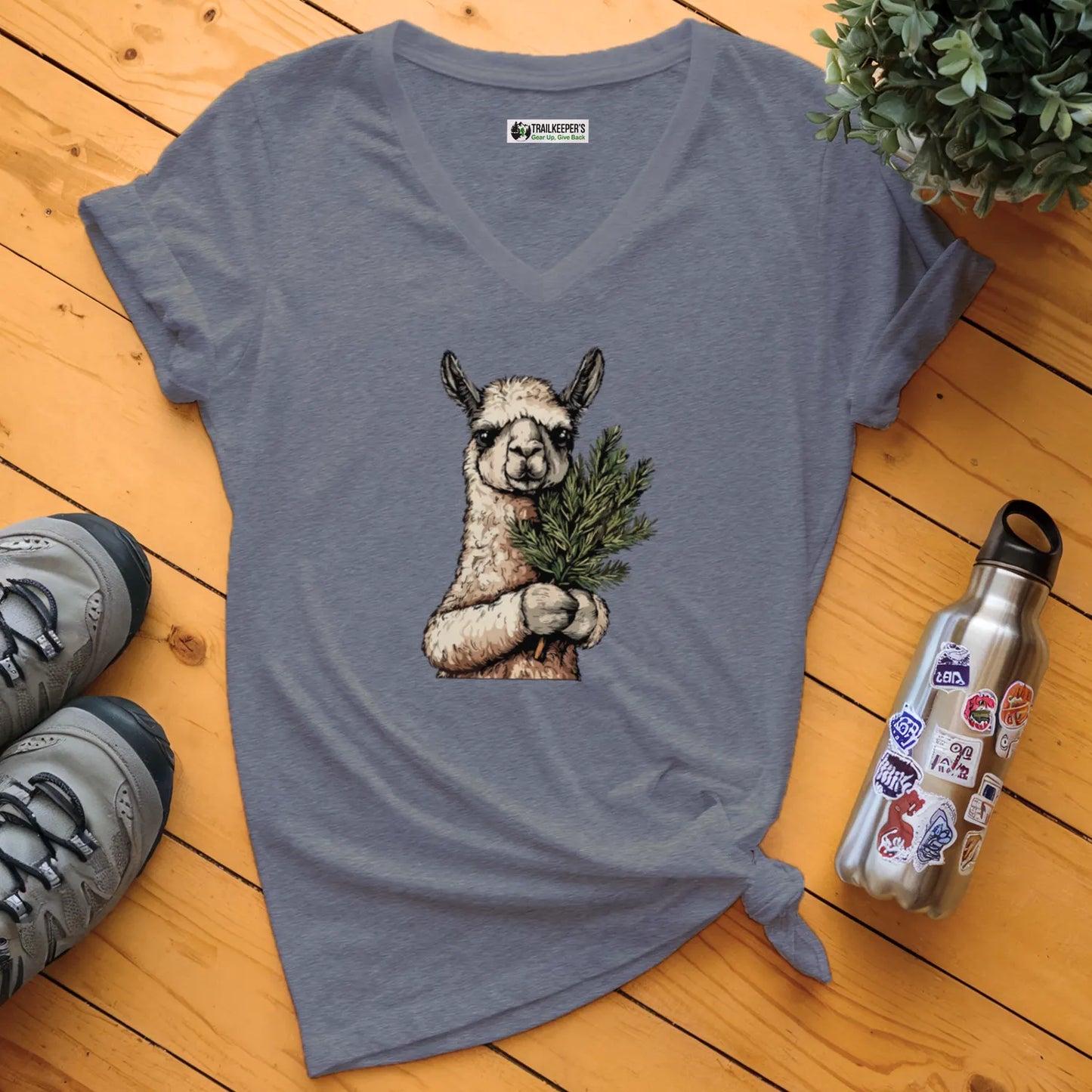 Llama Tree Hugger V-Neck T-Shirt