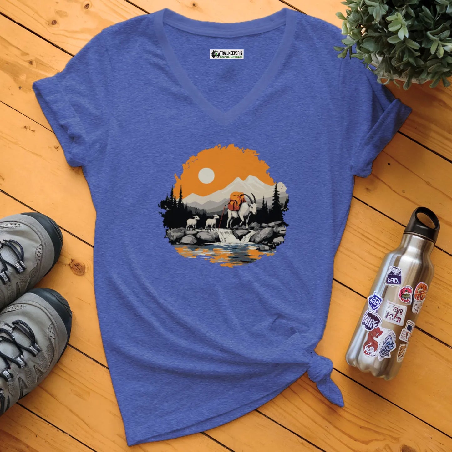 Mountain Goat Backpacker Family V-Neck T-Shirt