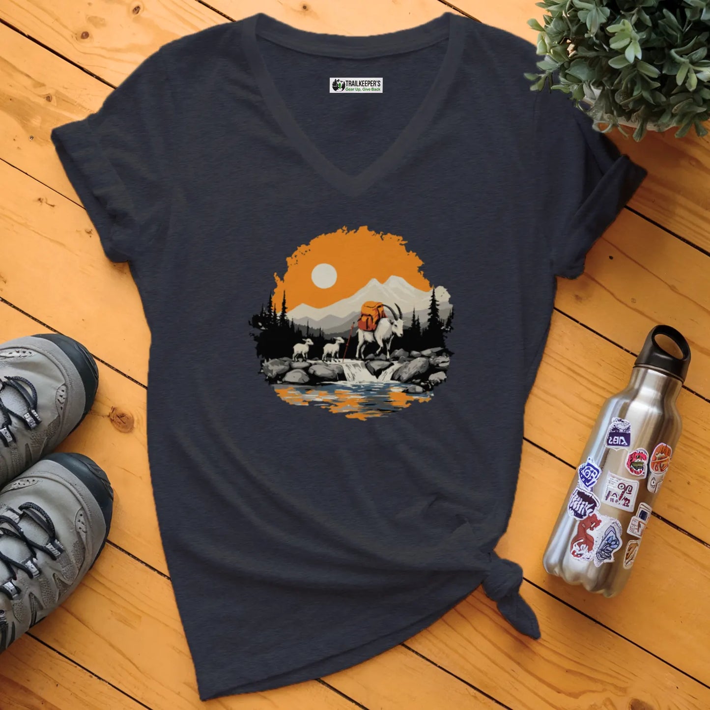 Mountain Goat Backpacker Family V-Neck T-Shirt
