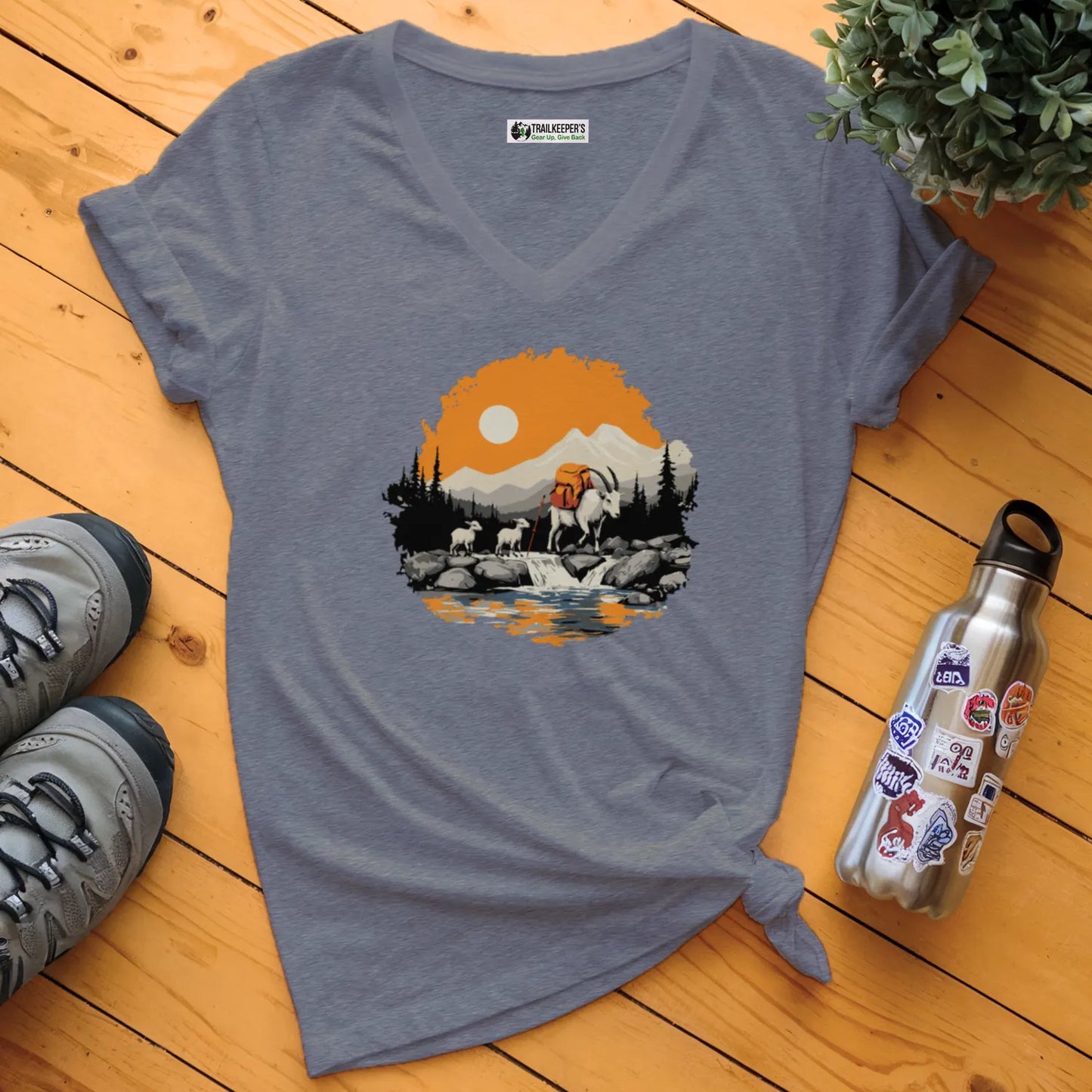 Mountain Goat Backpacker Family V-Neck T-Shirt