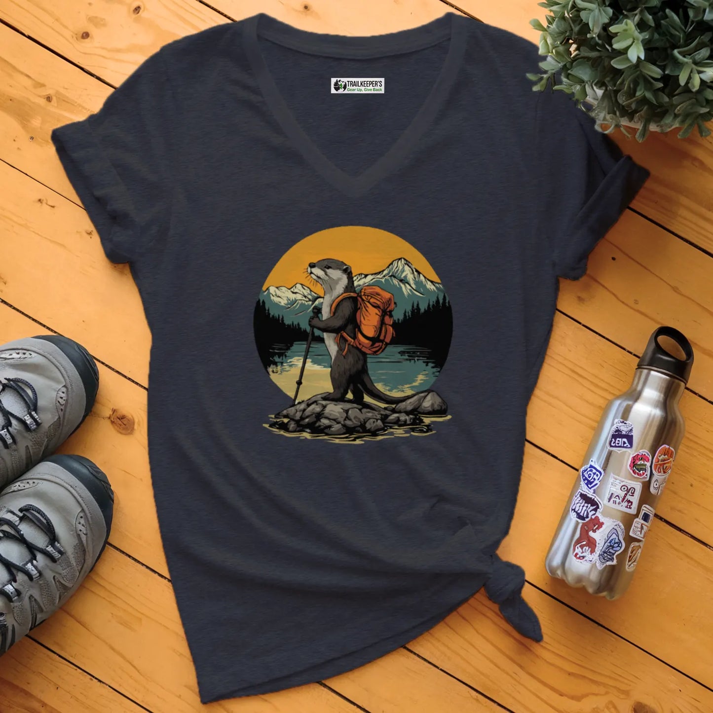 Otter Backpacker On The River V-Neck T-Shirt
