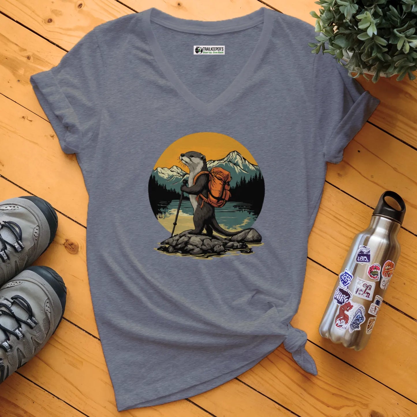 Otter Backpacker On The River V-Neck T-Shirt