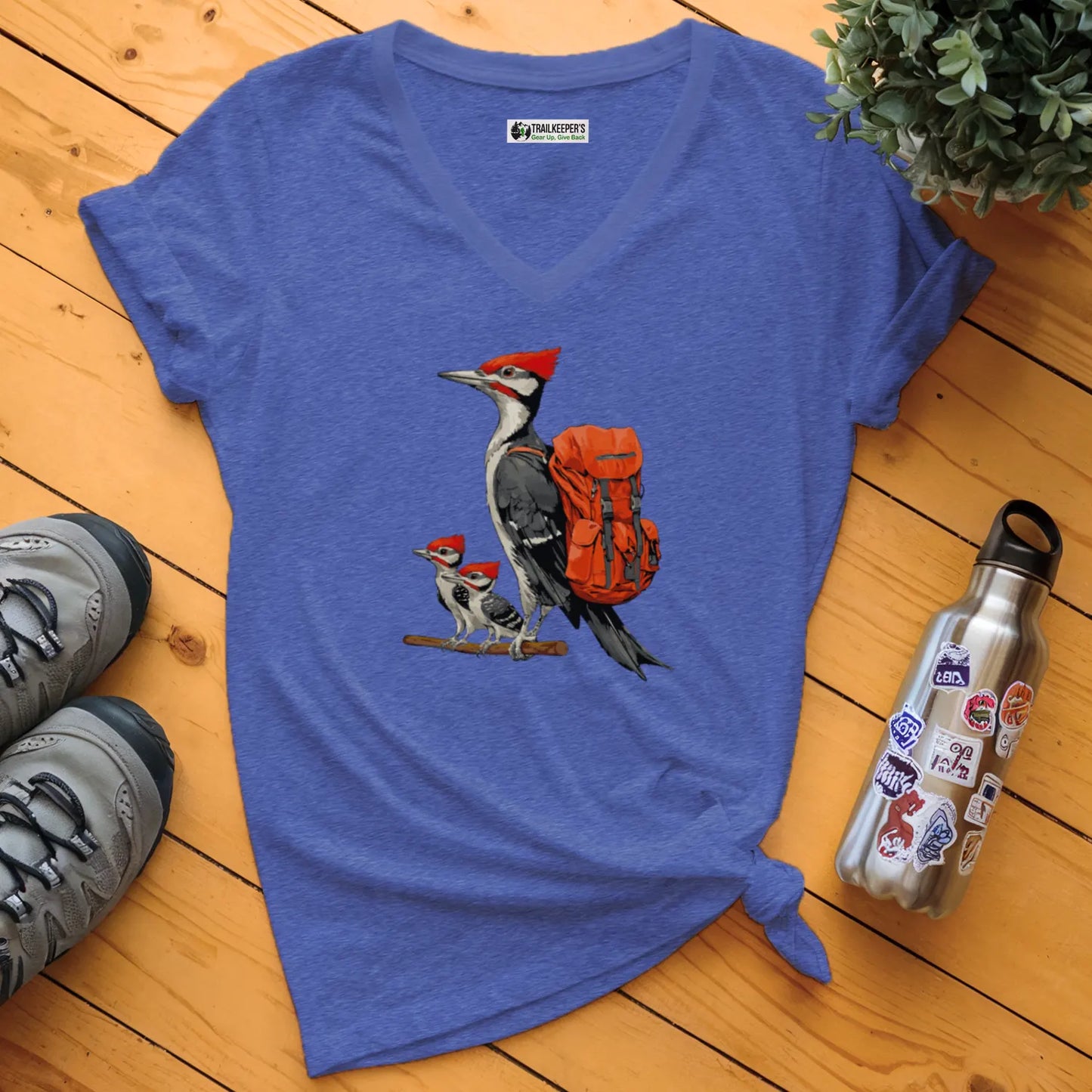 Pileated Woodpecker Backpacker Family V-Neck T-Shirt
