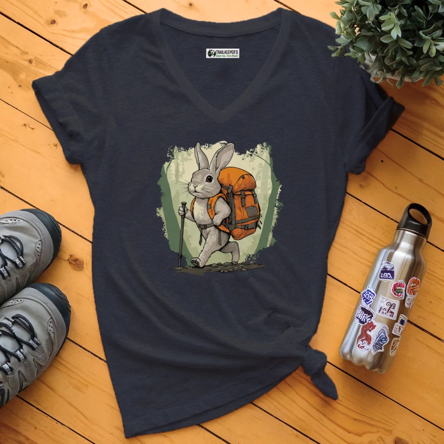 Rabbit Backpacker In The Forest V-Neck T-Shirt