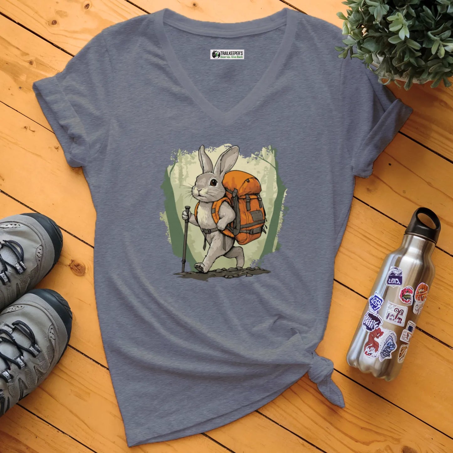 Rabbit Backpacker In The Forest V-Neck T-Shirt