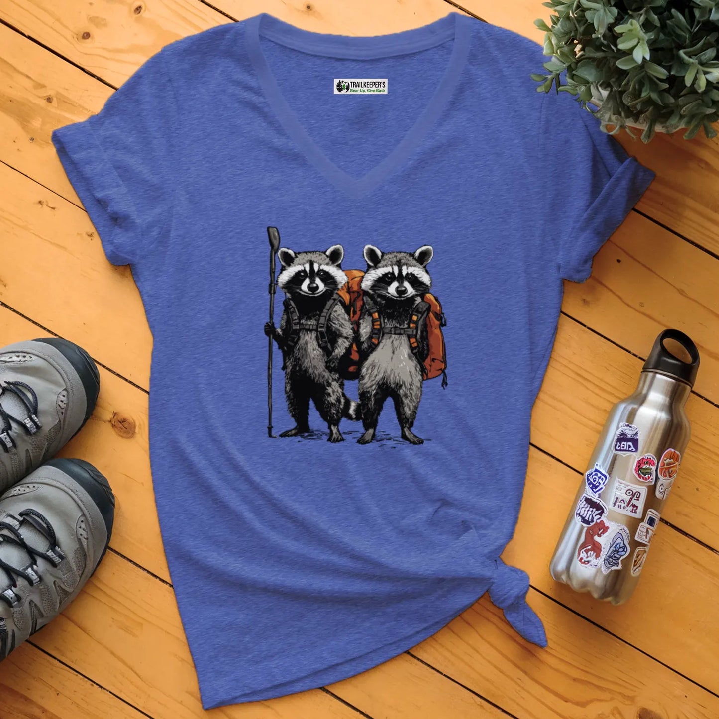 Raccoon Backpacker Buddies V-Neck T-Shirt