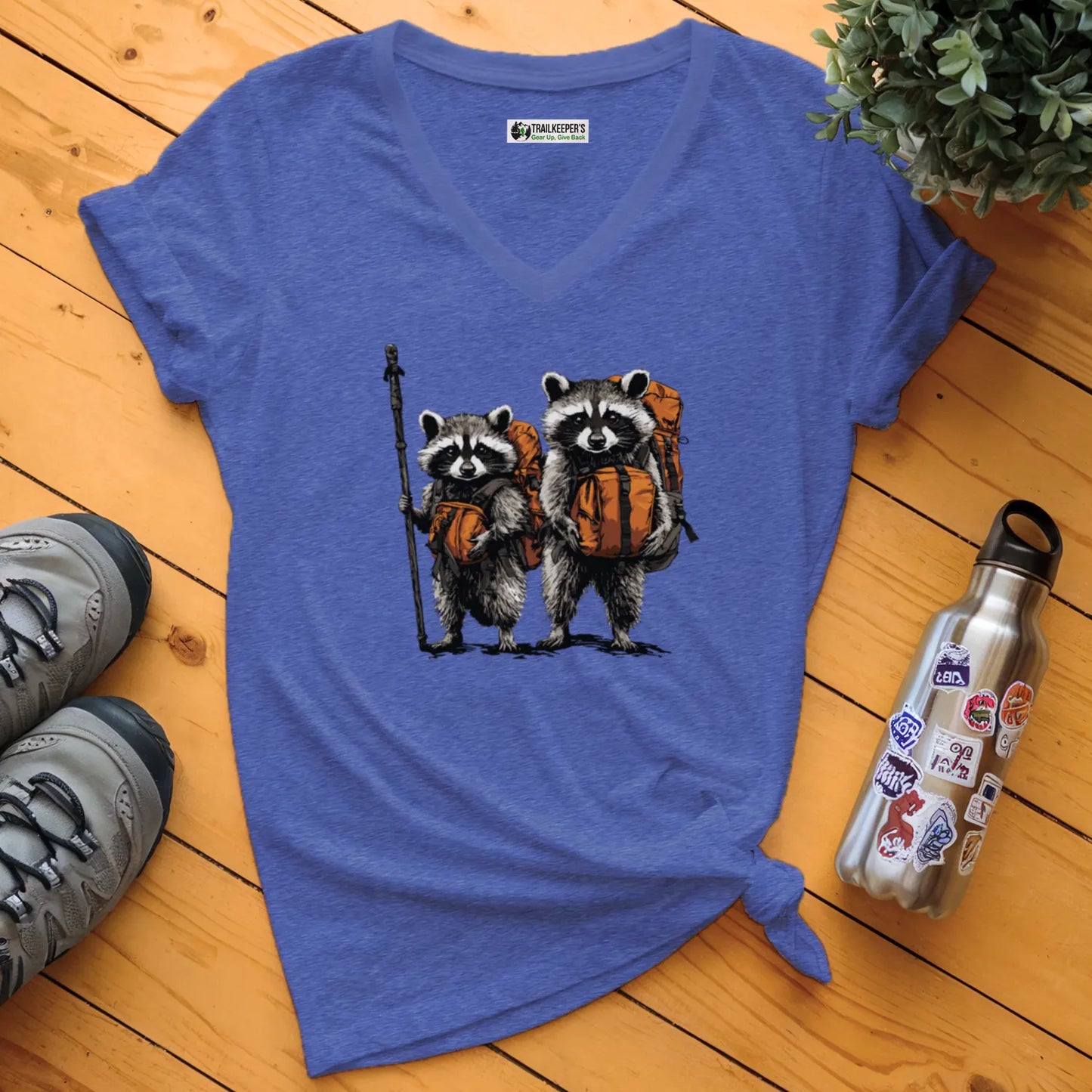 Raccoon Backpacker Buddies V-Neck T-Shirt
