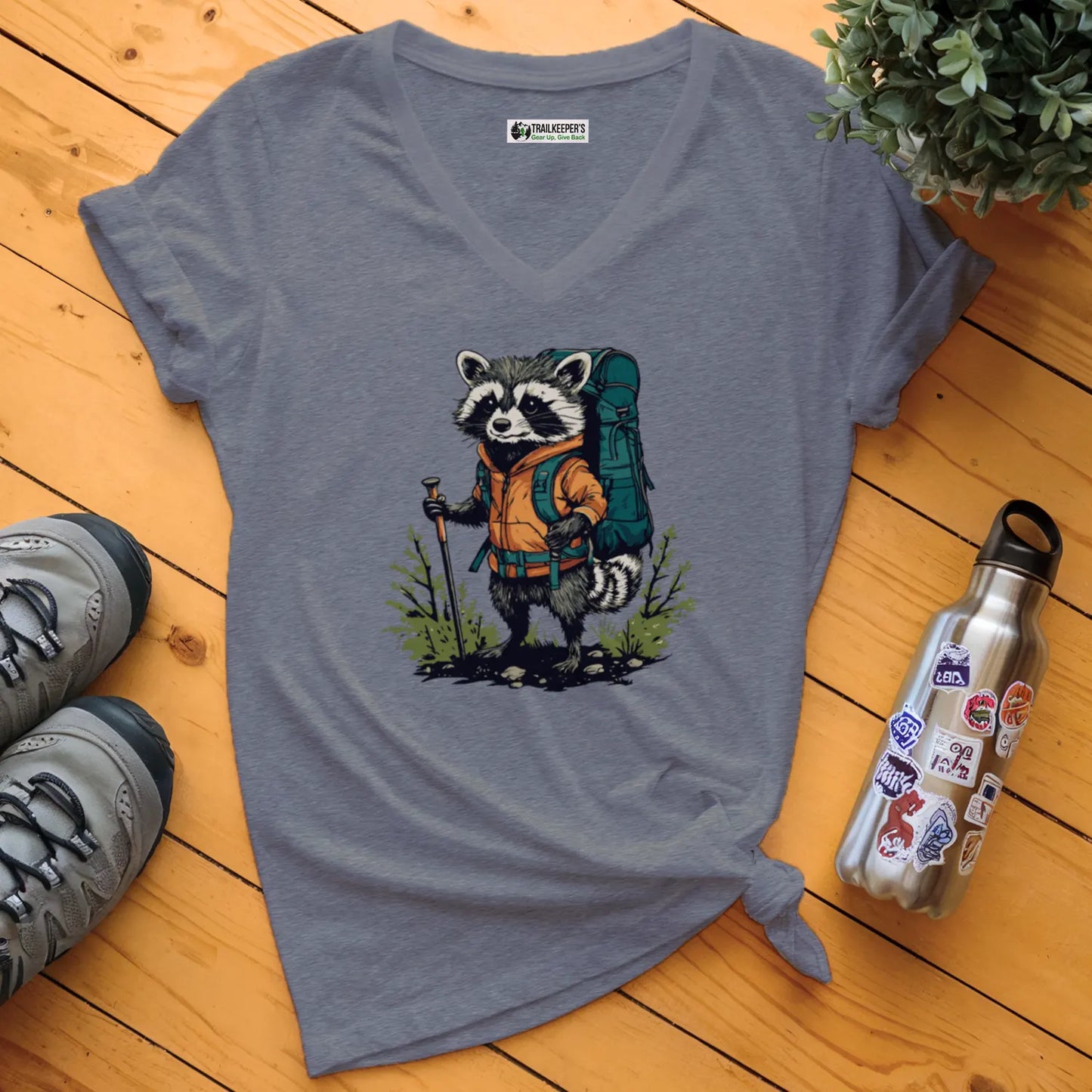Racoon Backpacker V-Neck T-Shirt