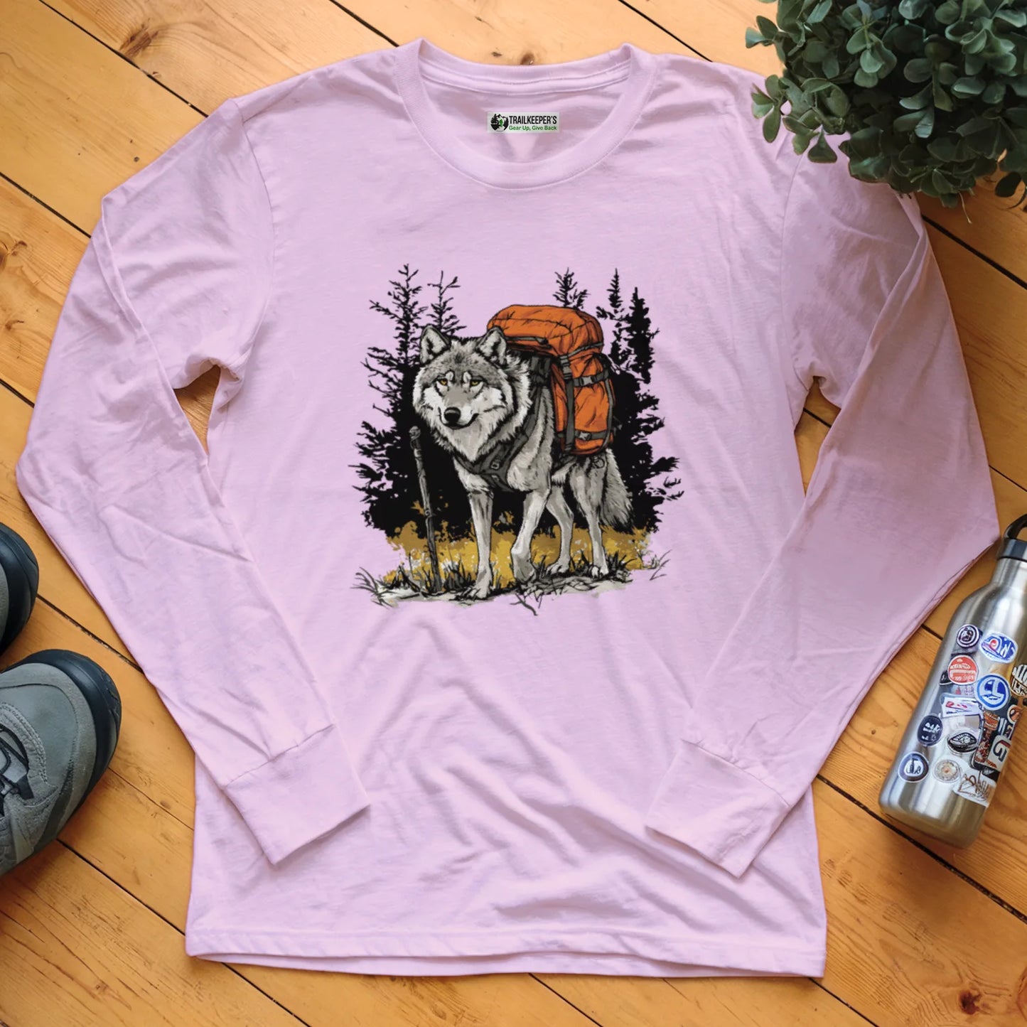 Wolf Backpacker In The Forest Long Sleeve T-Shirt