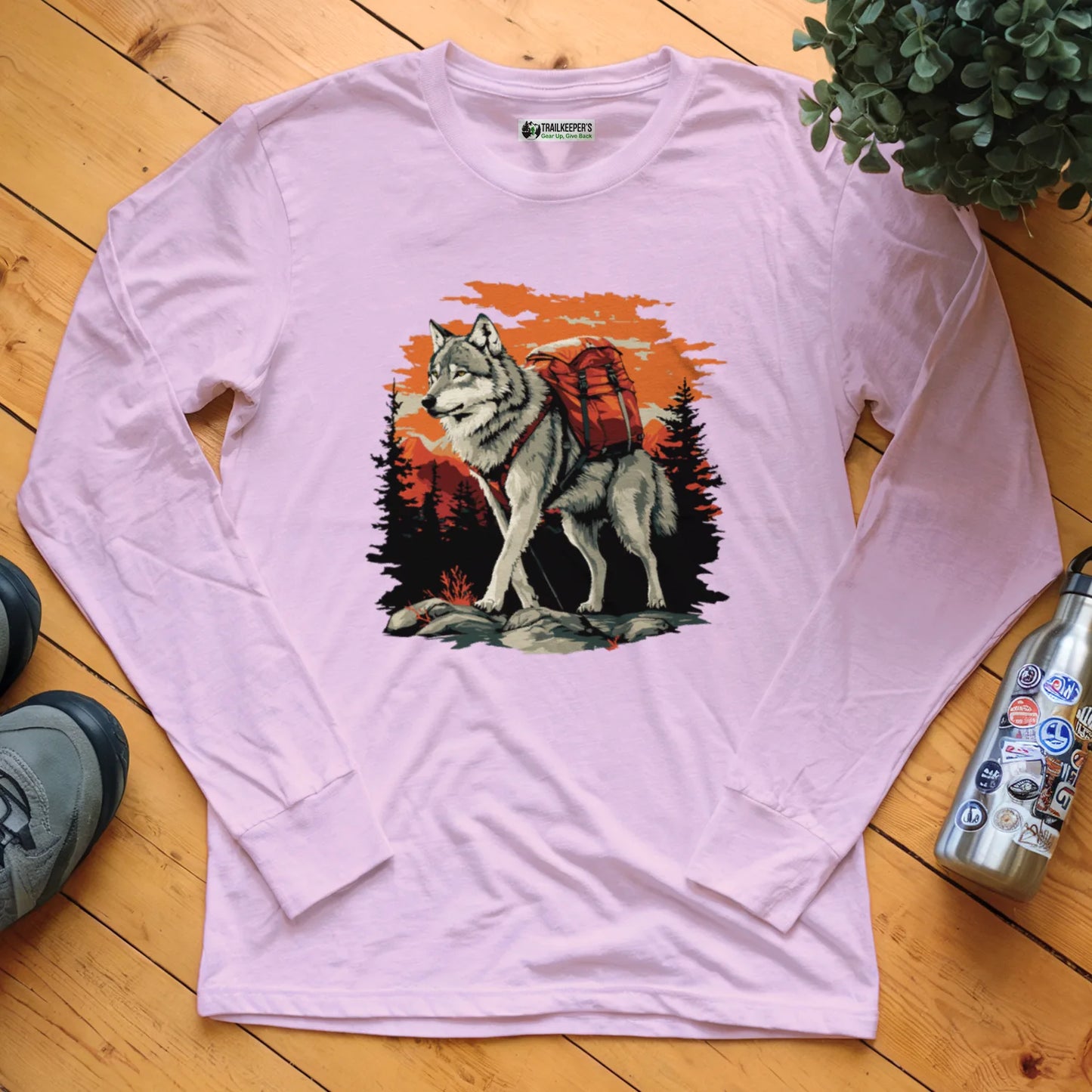 Wolf Backpacker In The Forest Long Sleeve T-Shirt