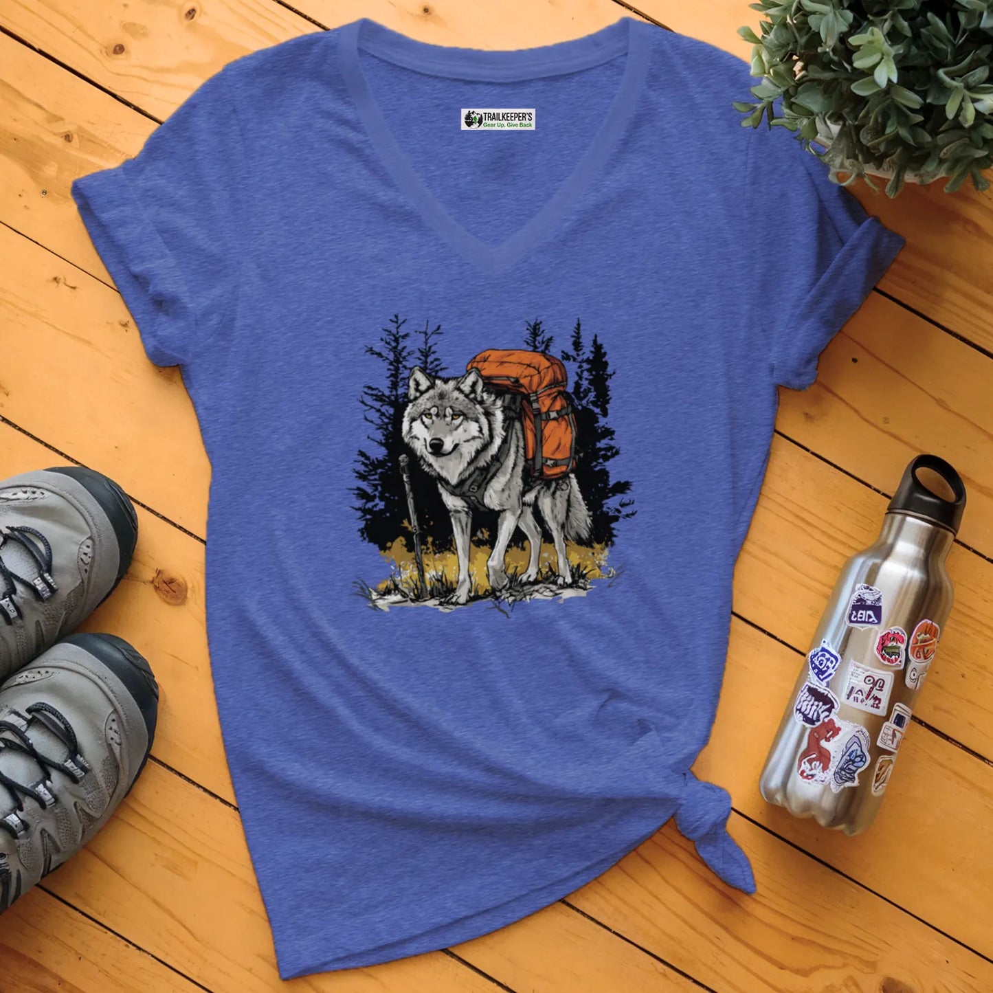 Wolf Backpacker In The Forest V-Neck T-Shirt