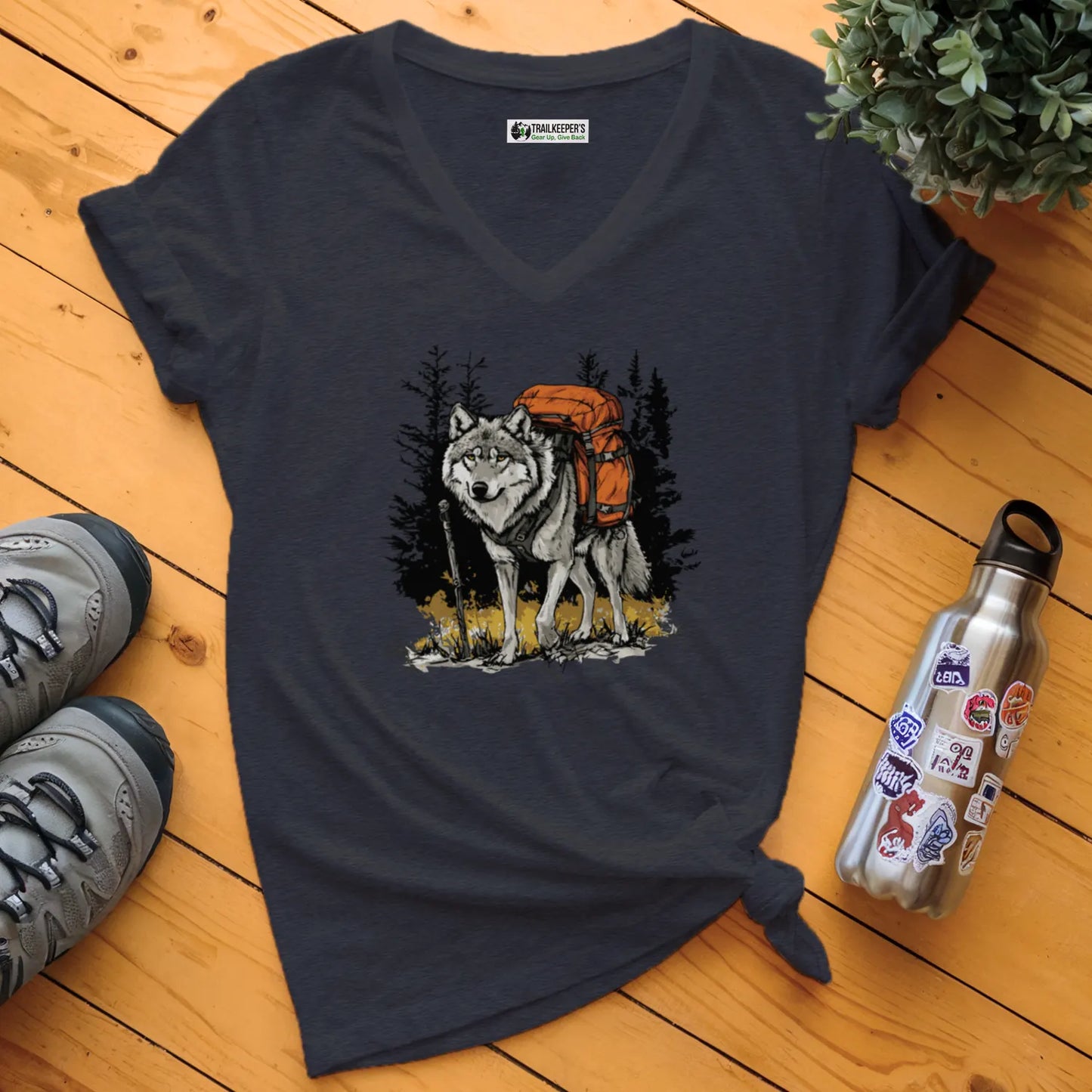 Wolf Backpacker In The Forest V-Neck T-Shirt