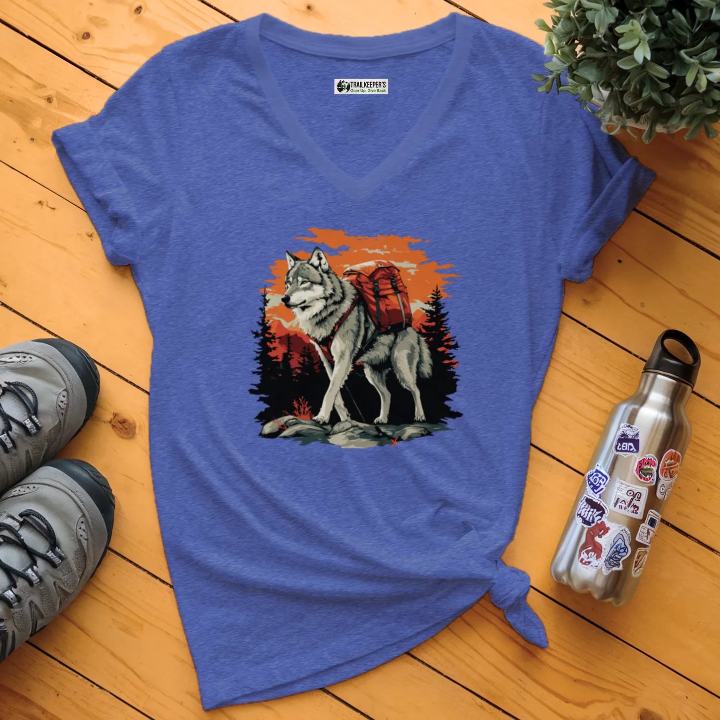 Wolf Backpacker In The Forest V-Neck T-Shirt