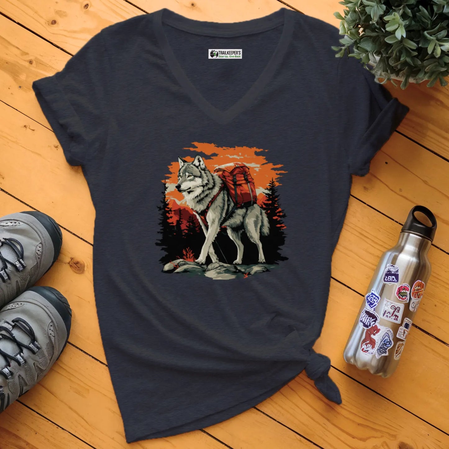 Wolf Backpacker In The Forest V-Neck T-Shirt