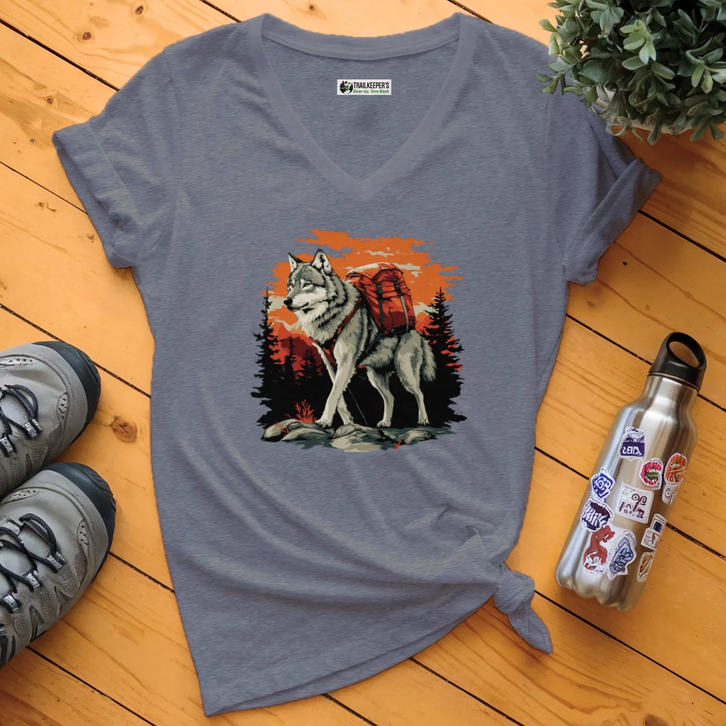 Wolf Backpacker In The Forest V-Neck T-Shirt