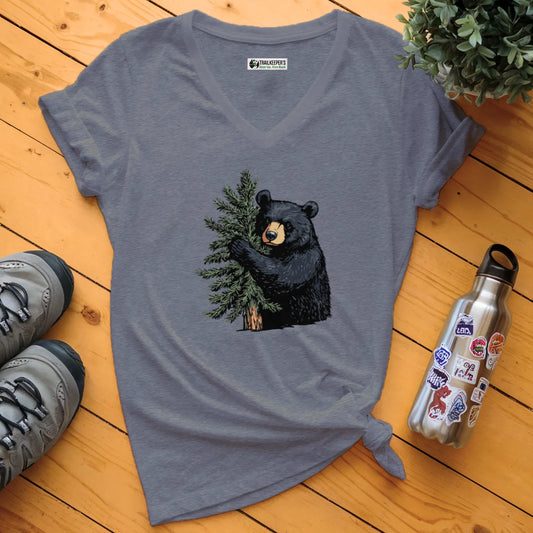 Black Bear Tree Hugger V-Neck T-Shirt