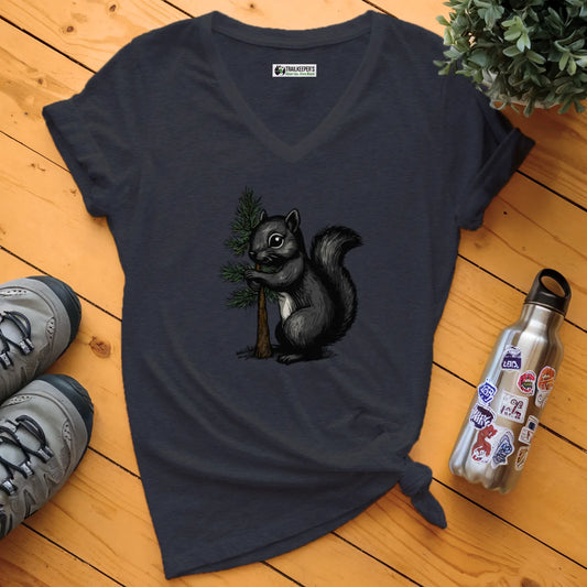 Black Squirrel Tree Hugger V-Neck T-Shirt