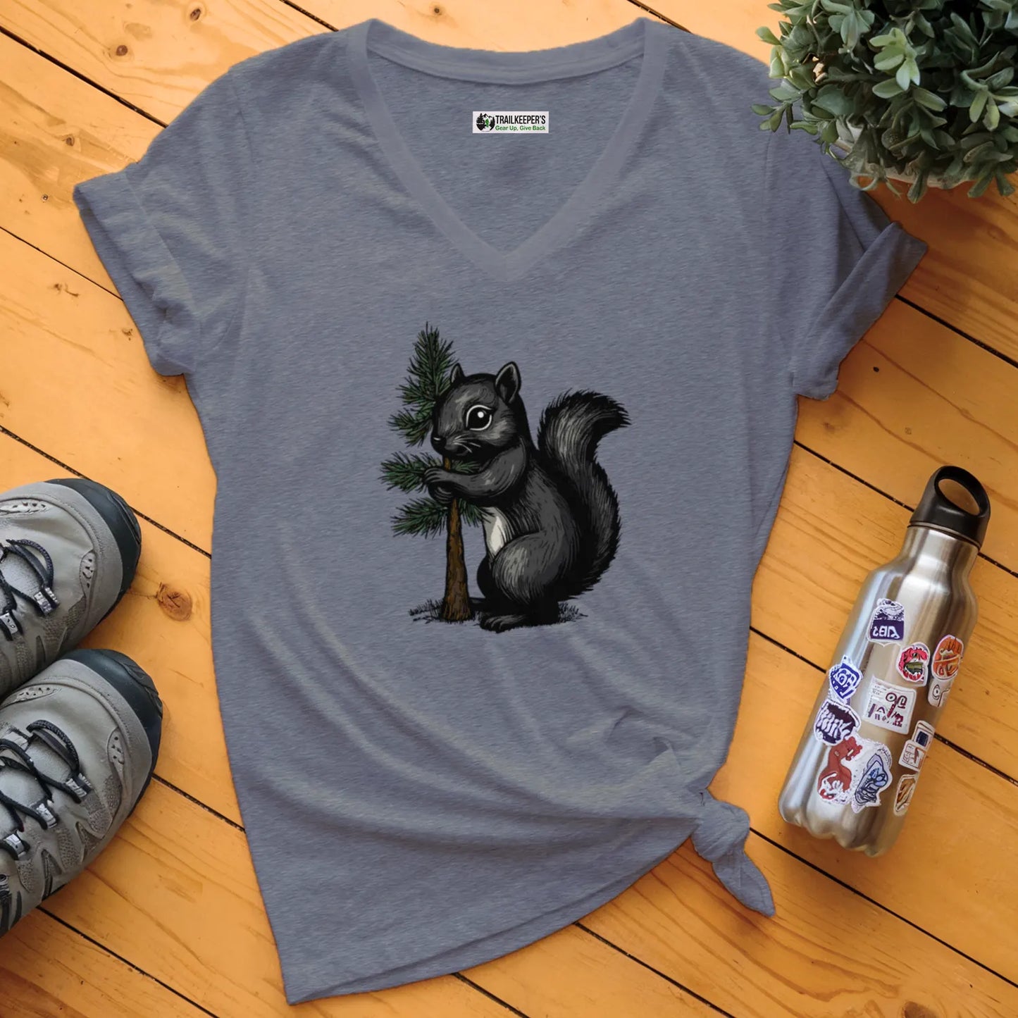 Black Squirrel Tree Hugger V-Neck T-Shirt