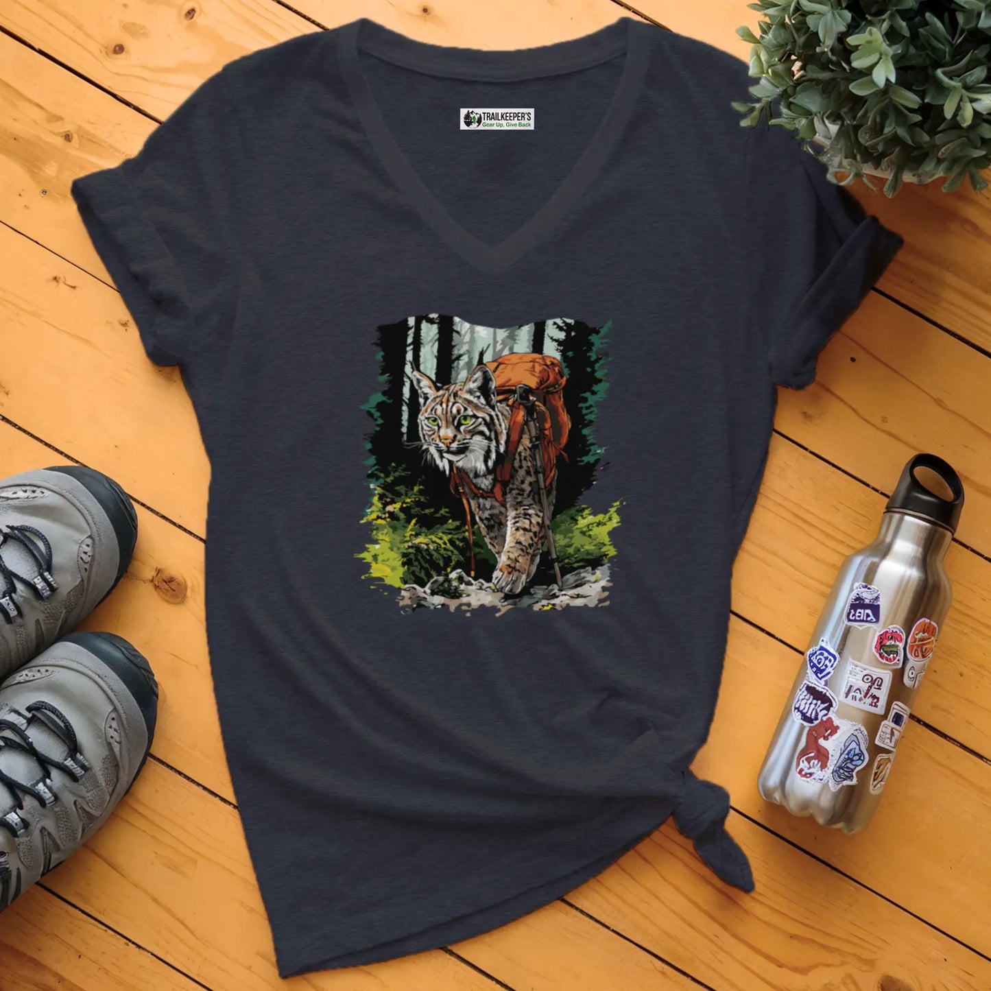 Bobcat Backpacker In The Woods V-Neck T-Shirt
