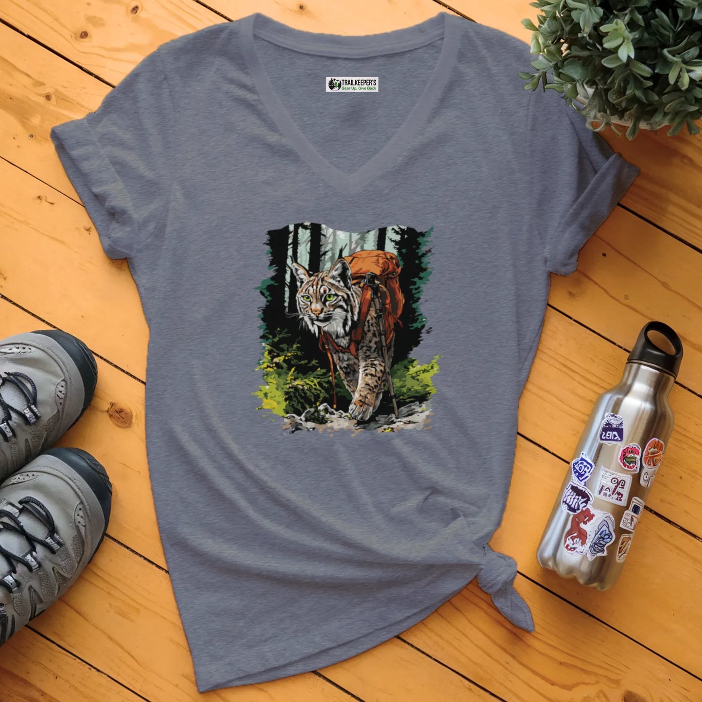 Bobcat Backpacker In The Woods V-Neck T-Shirt
