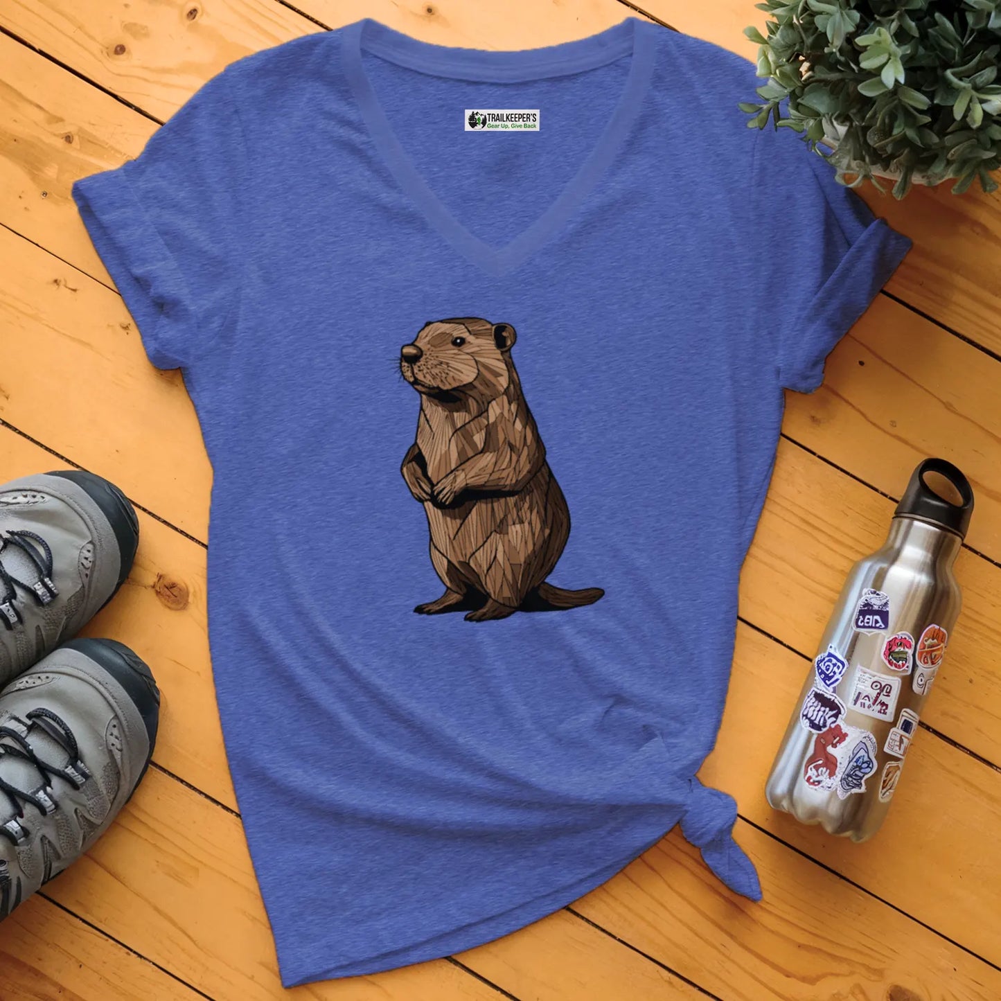 Carved Beaver Statue V-Neck T-Shirt