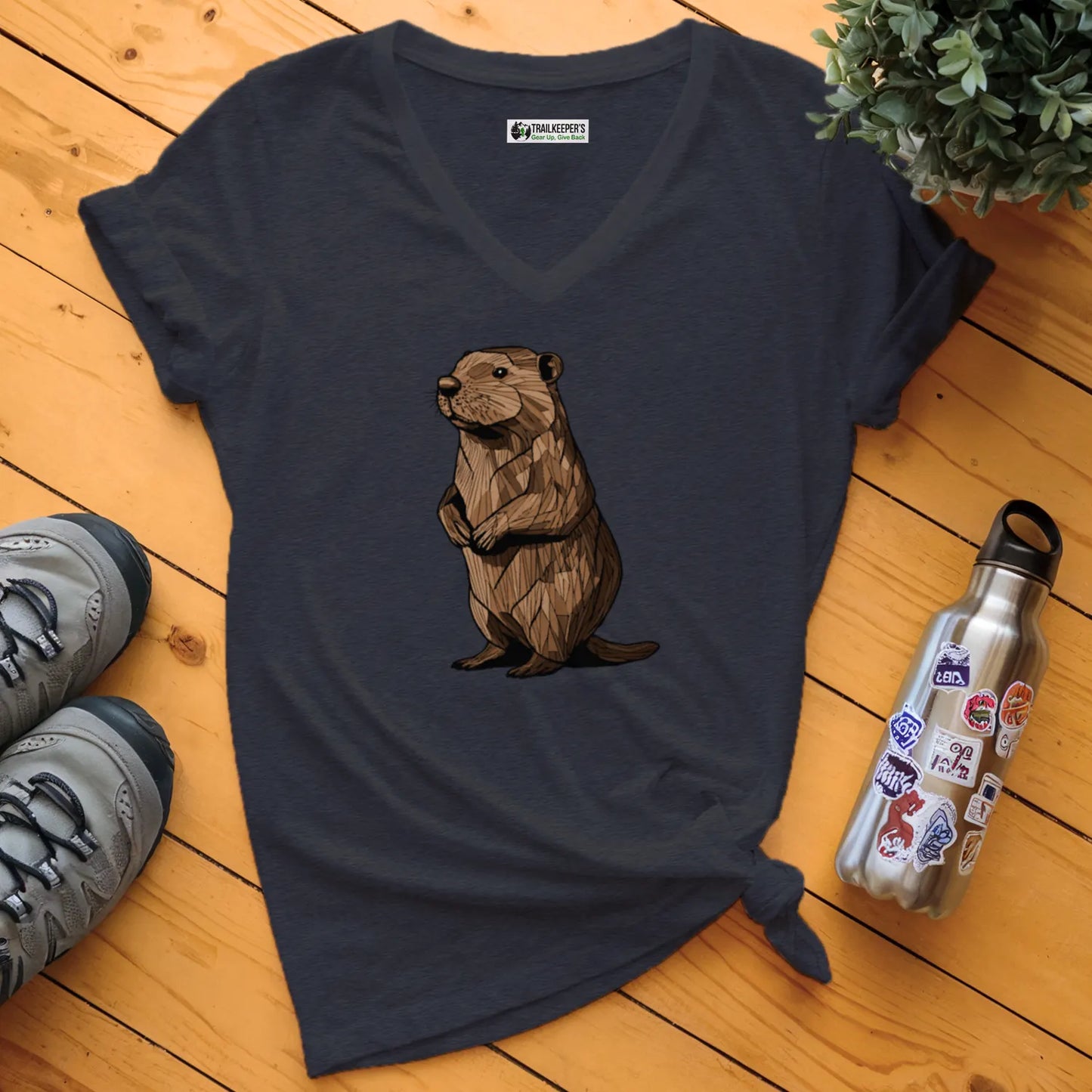 Carved Beaver Statue V-Neck T-Shirt