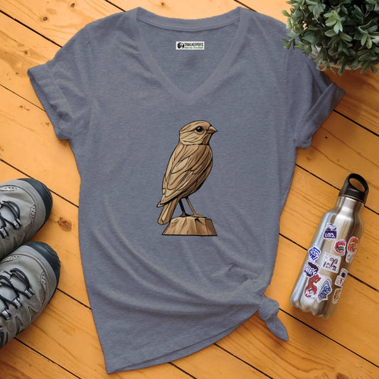 Carved Finch Statue V-Neck T-Shirt