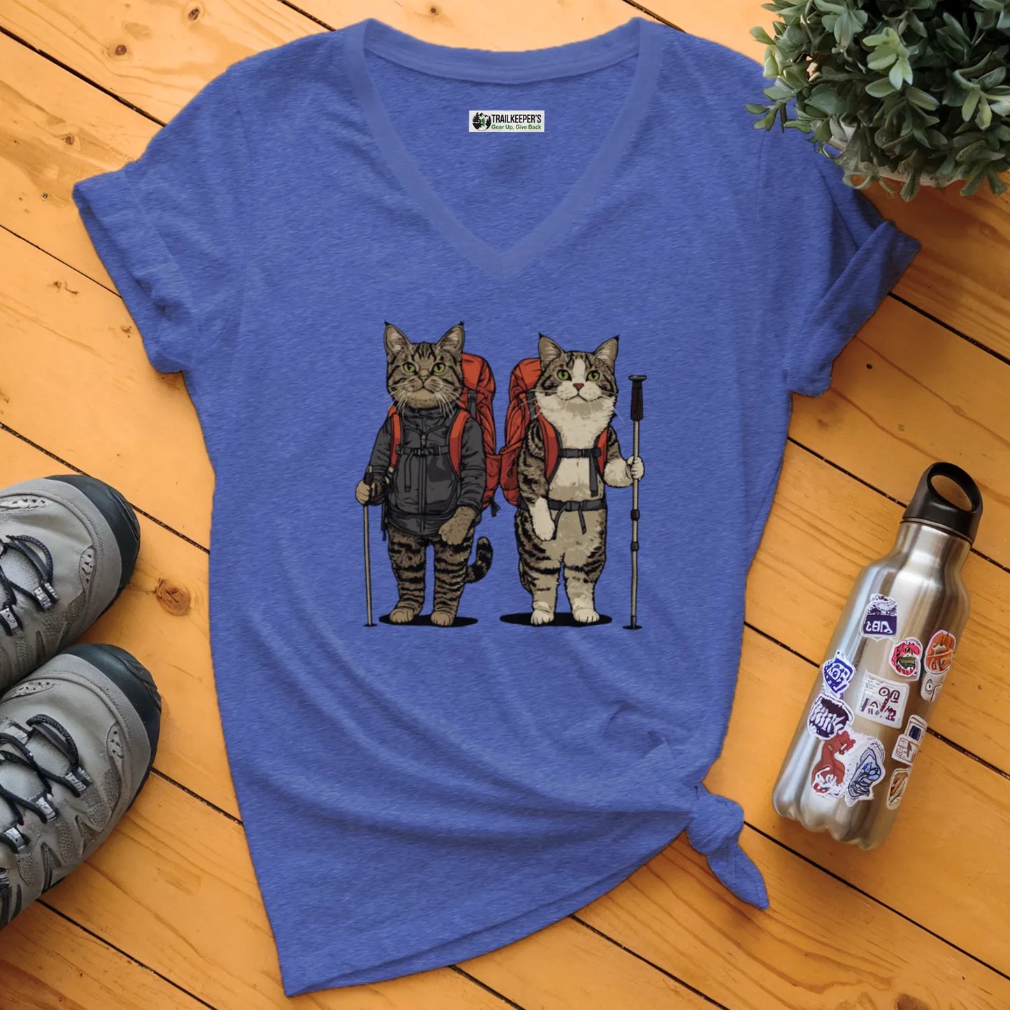 Cat Backpacker Buddies V-Neck T-Shirt