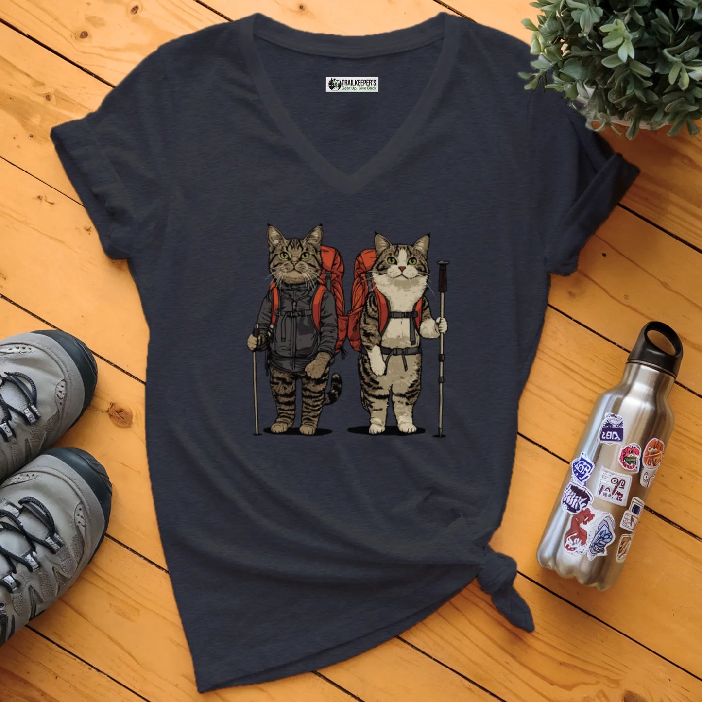 Cat Backpacker Buddies V-Neck T-Shirt