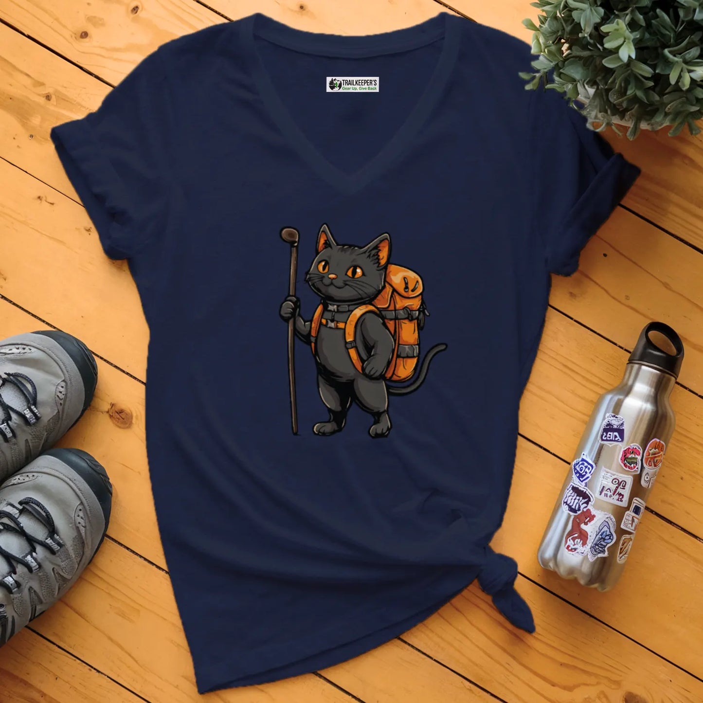 Cat Backpacker V-Neck T-Shirt