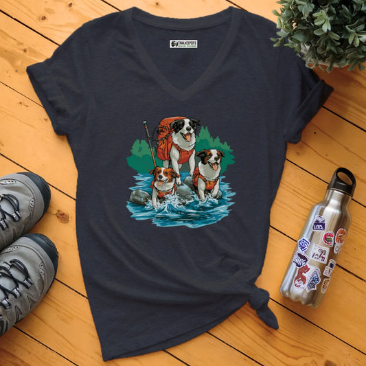Dog Backpacker Family V-Neck T-Shirt