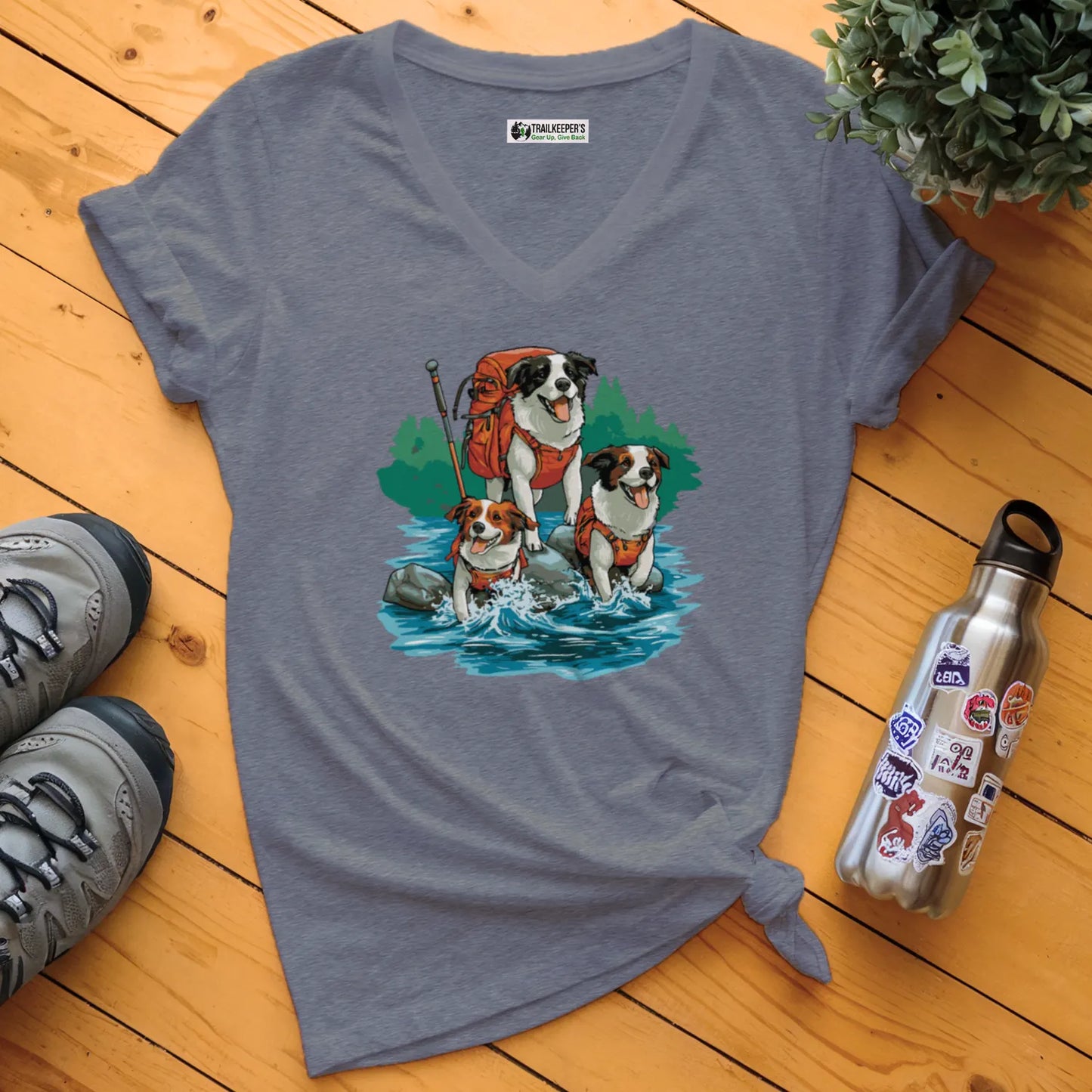 Dog Backpacker Family V-Neck T-Shirt