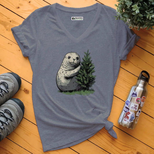 Harbor Seal Tree Hugger V-Neck T-Shirt