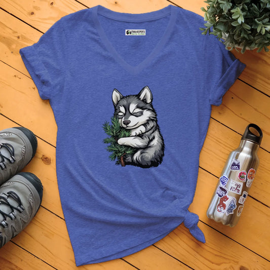 Husky Puppy Tree Hugger V-Neck T-Shirt