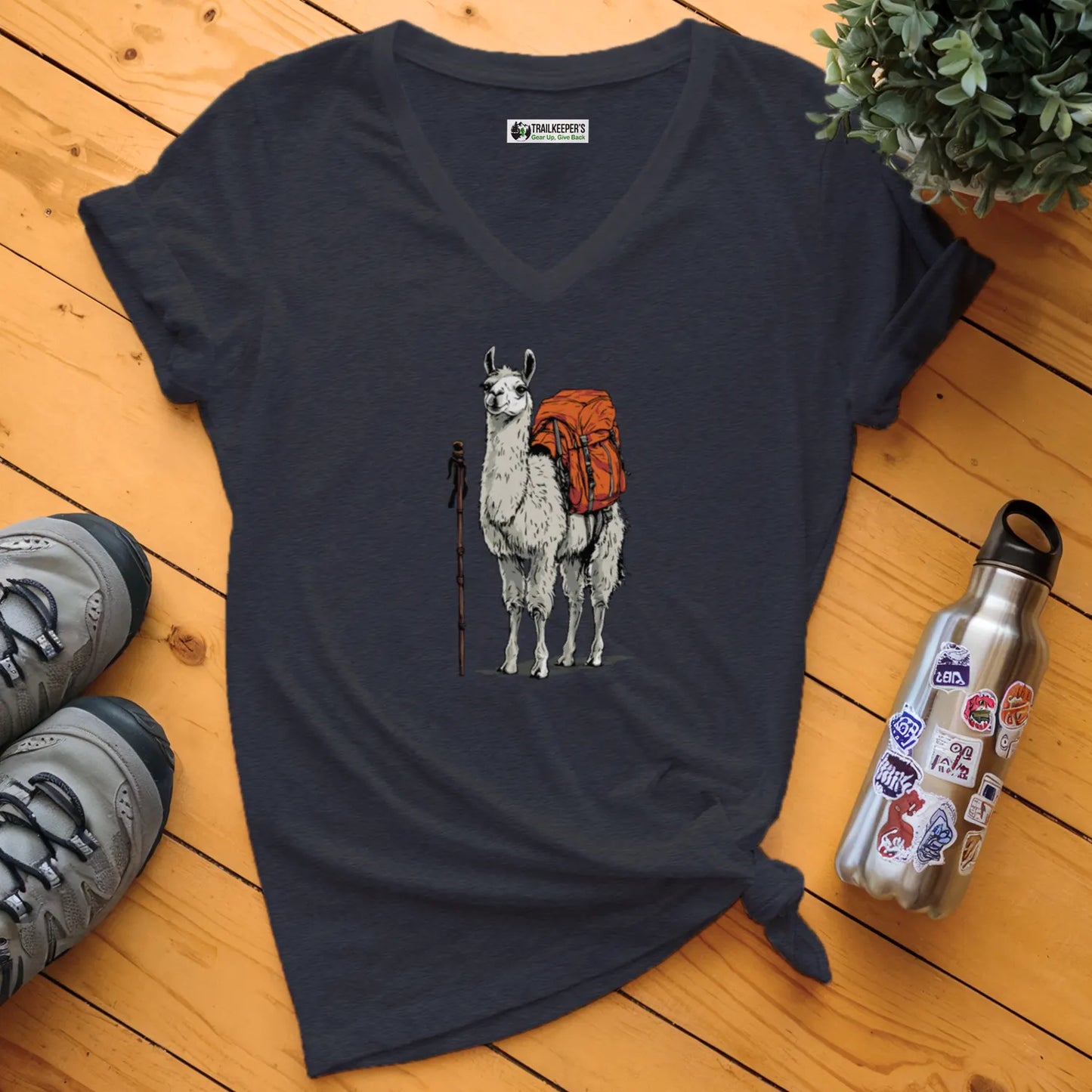 Llama Backpacker V-Neck T-Shirt