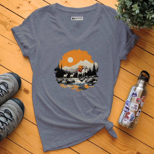 Mountain Goat Backpacker Family V-Neck T-Shirt