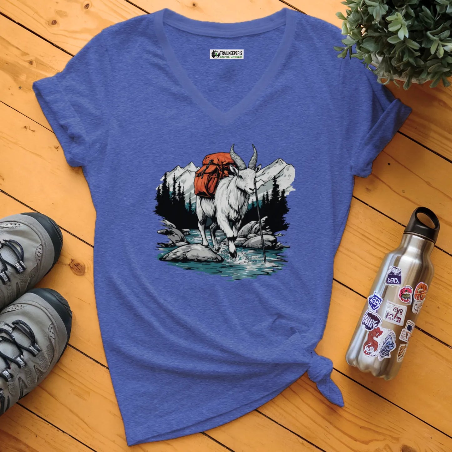 Mountain Goat Backpacker On River V-Neck T-Shirt