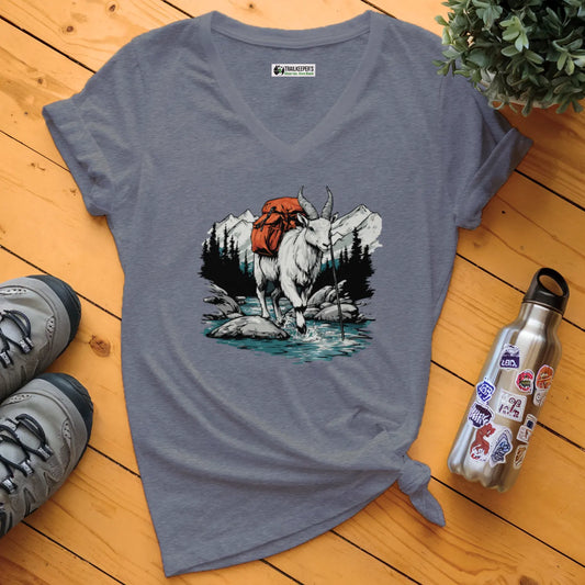 Mountain Goat Backpacker On River V-Neck T-Shirt