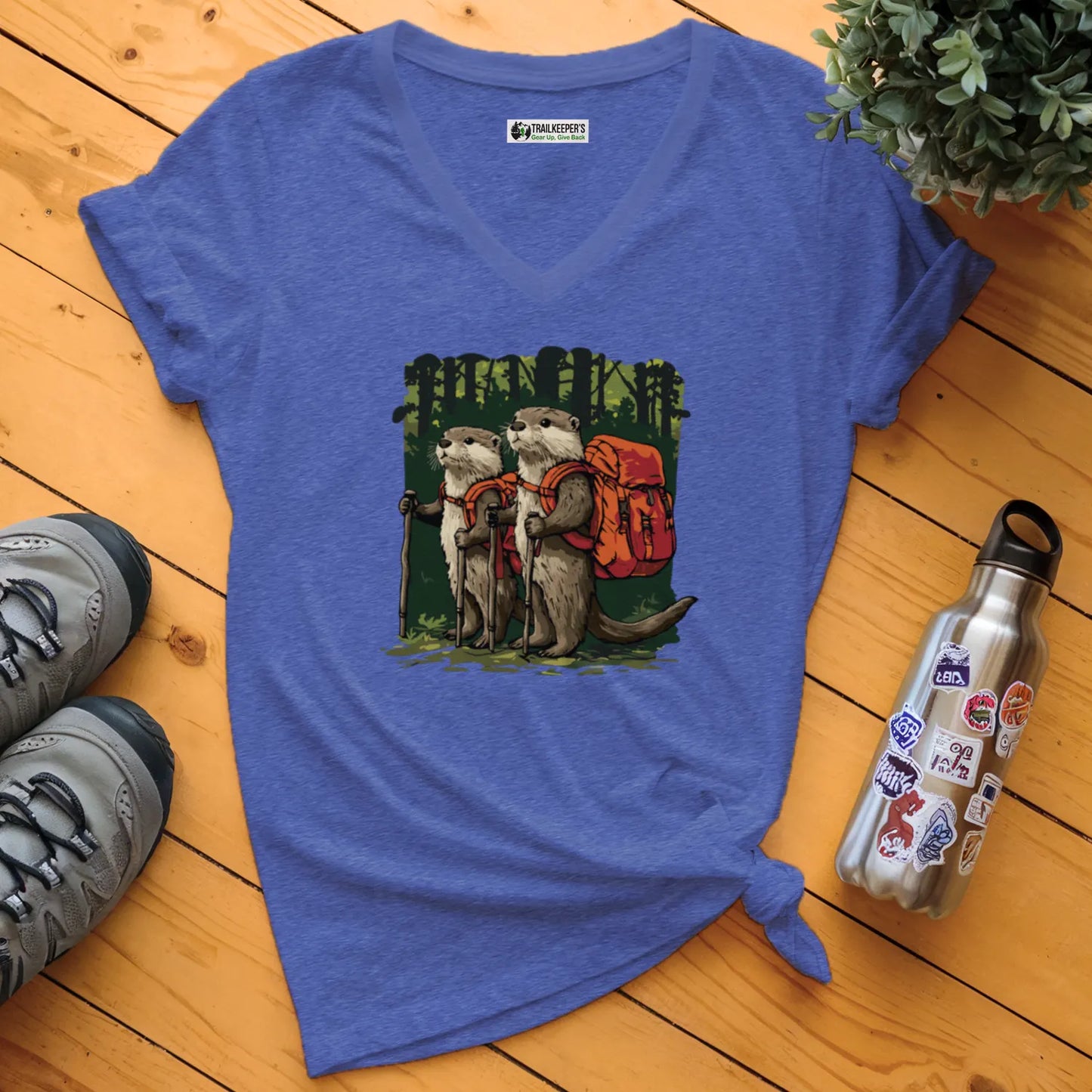 Otter Backpacker Buddies In The Forest V-Neck T-Shirt