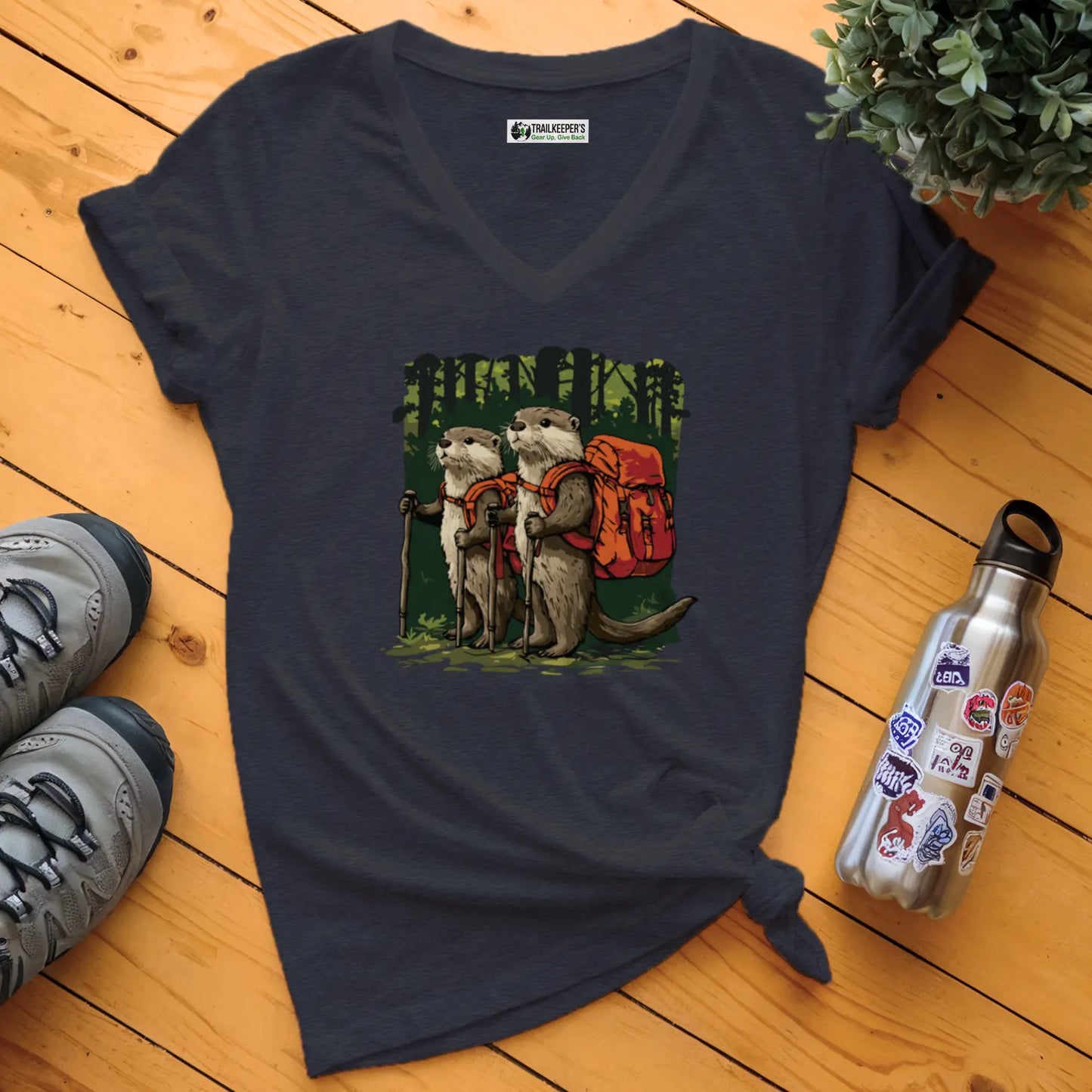 Otter Backpacker Buddies In The Forest V-Neck T-Shirt