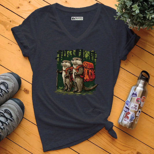 Otter Backpacker Buddies In The Forest V-Neck T-Shirt