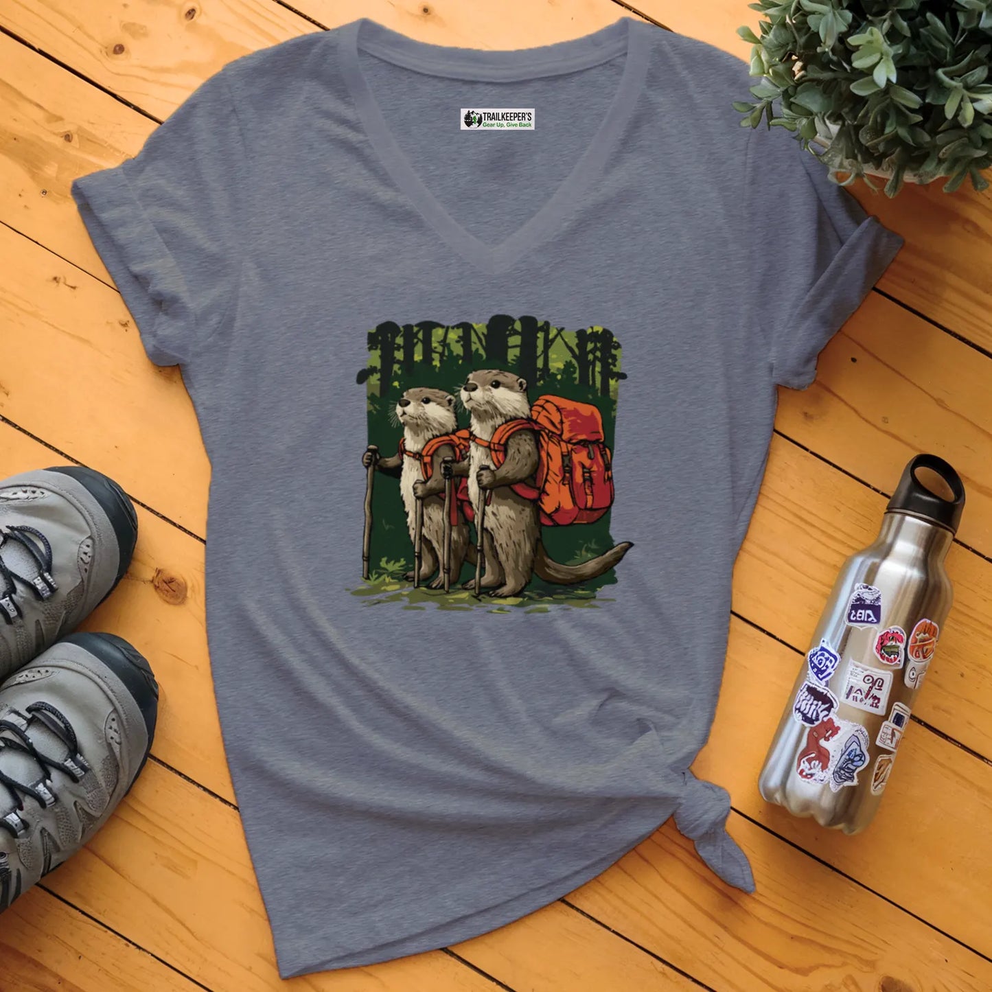 Otter Backpacker Buddies In The Forest V-Neck T-Shirt